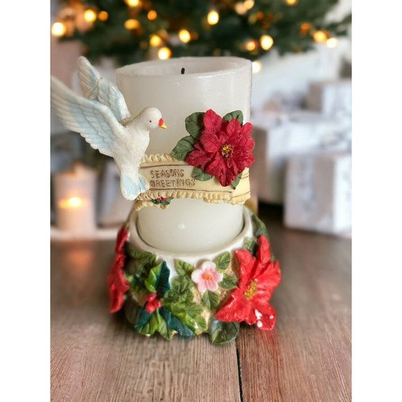 Vintage Poinsettia Floral Pillar Candle Holder w/Seasons Greetings add-on Dove** - Picture 1 of 14
